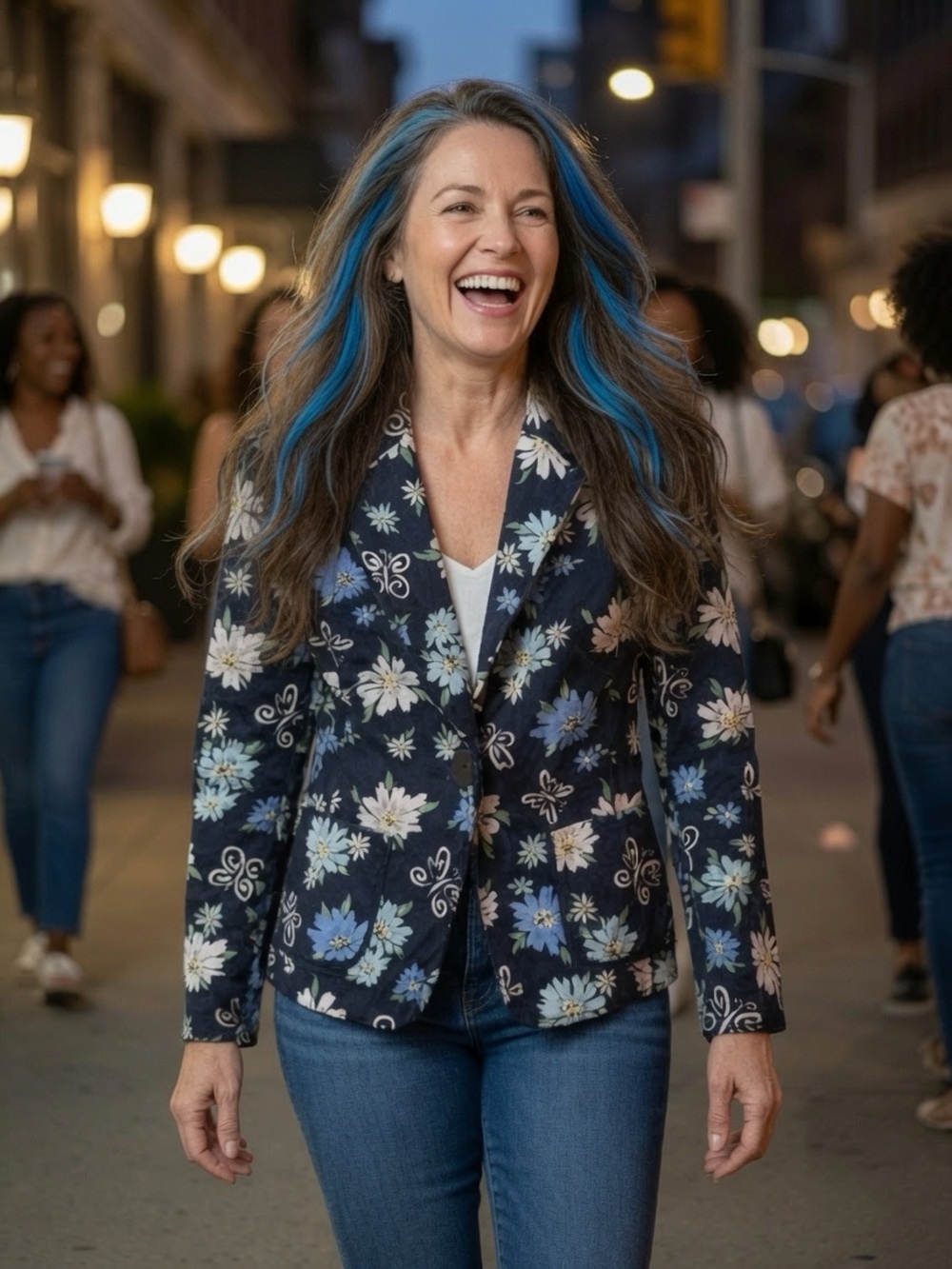 Casual Corner Black Blazer with Blue & Cream Floral Print